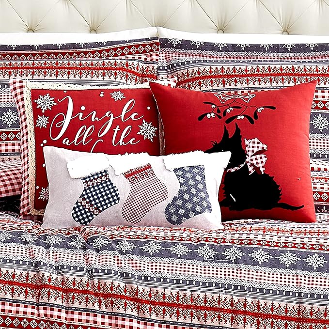 Southshore Fine Living, Inc. Christmas Comforter Set, Twin Size Holiday Bedding Set 5-Piece Cute & Cozy Comforter w/Throw Pillows & Shams, Twin/Twin XL Reversible Red Checkered Over Snowflake Print