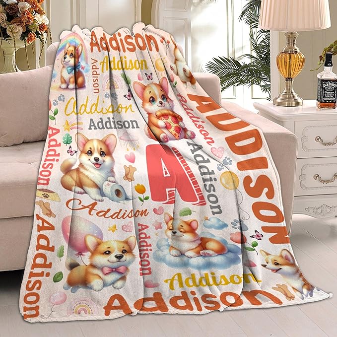 Personalized Custom Corgi Dog Blanket Gifts for Kids Boys Girls with Name - Customized Corgi Dog Super Soft Lightweight Flannel Sheets Decor for Crib Nap Couch - 50"x60" for Teens