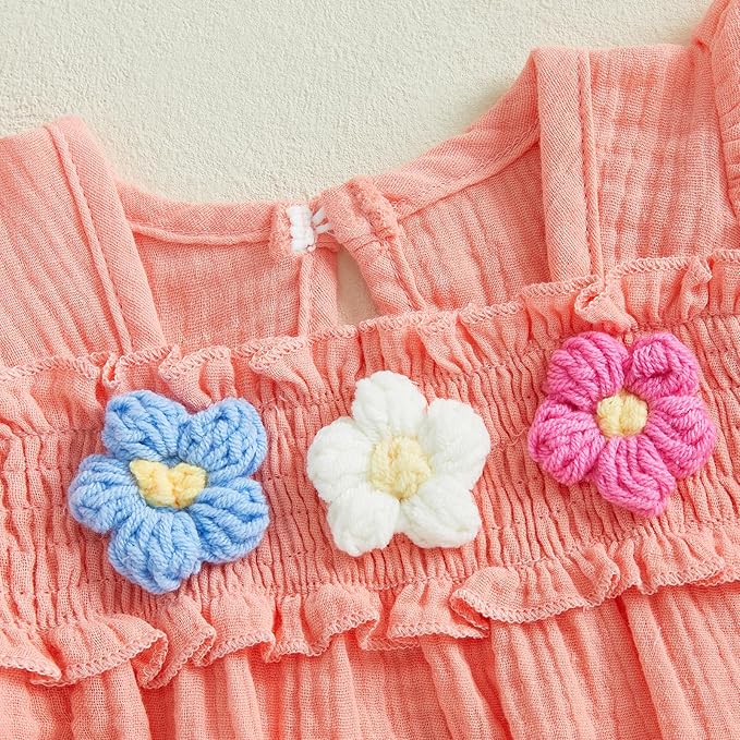 Gaono Newborn Baby Girl Smocked Bubble Romper Cute Boho Summer Clothes Ruffle Sleeveless Crochet Flower Vintage Bodysuit