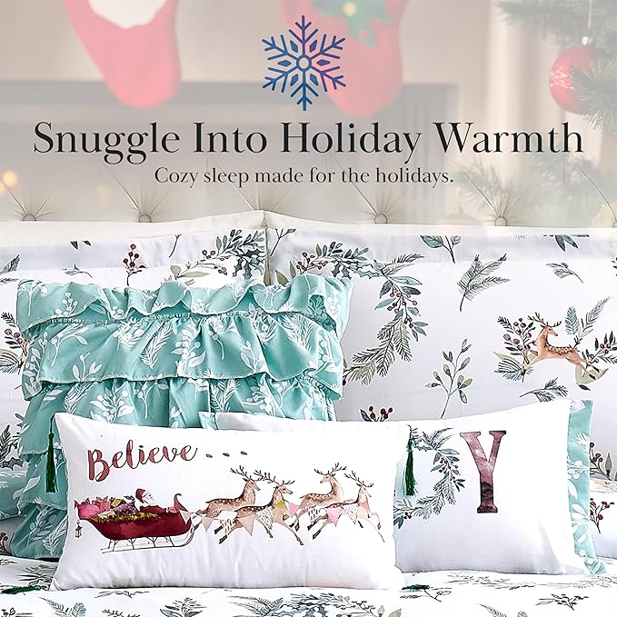 Southshore Fine Living, Inc. 6-Piece Reversible Christmas Bedding Cal King/King, White Christmas Comforter Set King, 2 Shams, 2 Throw Pillows, 1 Throw Plllow Cover, Holiday Bedding - Happy Holidays