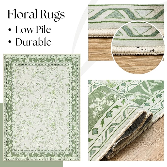 Sage Green Rugs for Bedroom 7x9 Area Rug for Living Room Machine Washable Light Green Cream Beige Printed Non-Slip Vintage Floral Distressed Indoor Boho Farmhouse Carpet for Dining Room Nursery