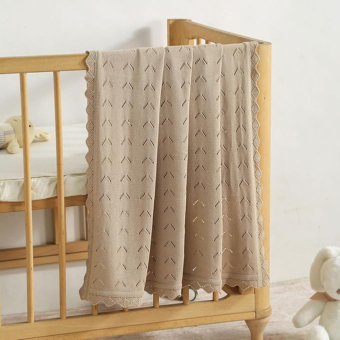 Baby Blanket 100% Cotton Knit Swaddle Soft Newborn Receiving Blanket Cozy for Boy/Girl Crib,Stroller Khaki 40x30in