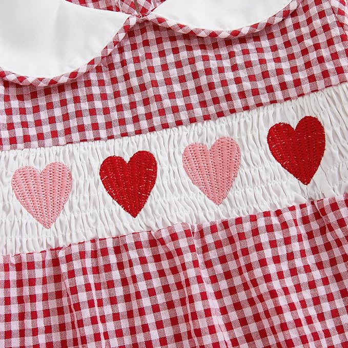 Amiblvowa Baby Girl Valentines Day Outfit Embroidery Love Heart Smocked Bubble Romper Bodysuit Cute Infant Newborn Clothes