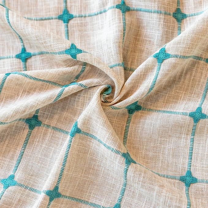 Deeprove Boho Curtains 63 Inches Length for Kitchen Cafe, Cotton Linen Plaids Beige Turquoise Teal Embroidery Semi Blackout Bohemian Farmhouse Window Treatment Grids Drape Tassels, 1 Panel W52 x L63