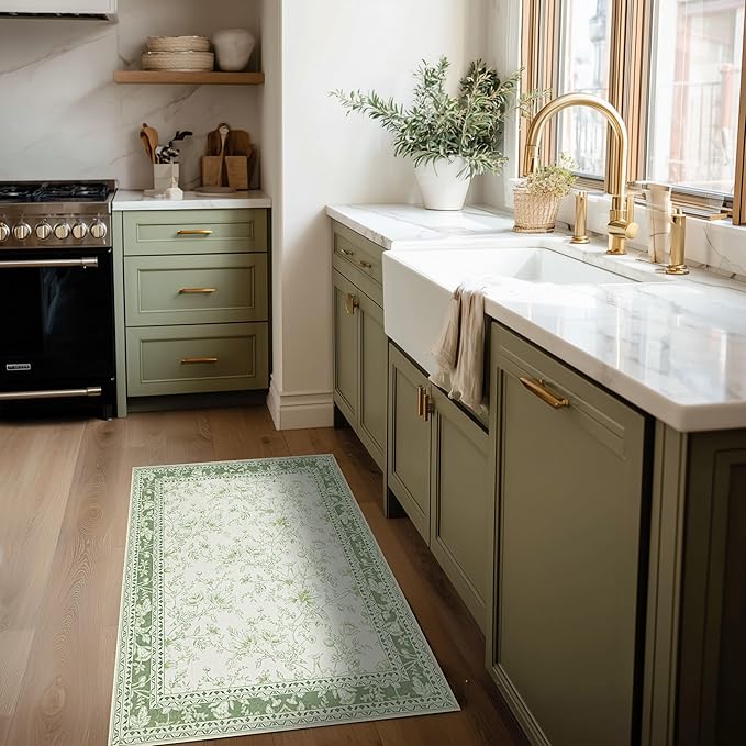 Small Green Rugs 2x3 Sage Green Kitchen for Entryway, Soft Washable Floral Sketch Printed Non-Slip Kitchen Mat, Low-Pile Indoor Bathroom Farmhouse Carpet for Entrance Cottage Boho Farmhouse