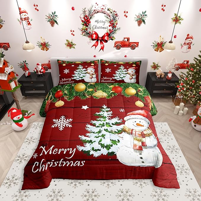 Manfei Christmas Comforter Set Full Size, Cute Snowman Tree Print Quilt Set with 2 Pillowcases, New Year Theme Rustic Style Xmas Bedding Set 3pcs for Kids Boys Girls Bedroom Decor