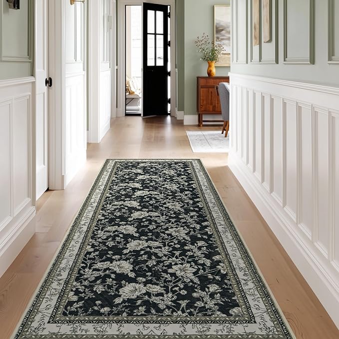 Black Runner Rugs 2x6 for Hallway Kitchen Bedroom Beside Laundry Room Bathroom Rug Boho Modern Washable Non Slip Low Pile Stain Resistant Soft Long Carpet Mat Black Cream Beige Taupe Floral Pattern