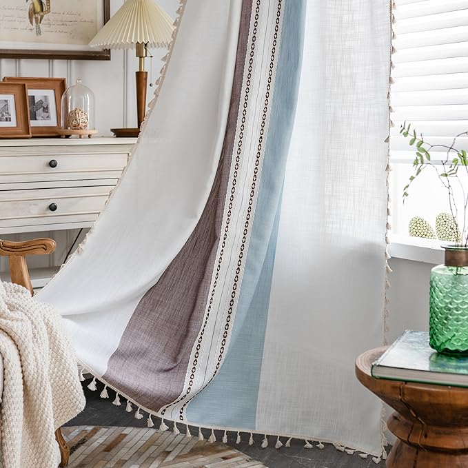 Deeprove Boho Linen Curtains 96 inch Length for Home Office Laundry Room, Contemporary Mid-Century Modern Tassels Window Treatment Bohemian Embroidery Drape 1 Panel 52" W x 96" L, Blue and Brown