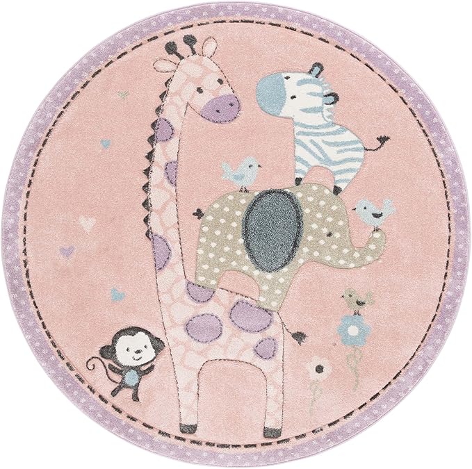 SAFAVIEH Carousel Kids Collection Area Rug - 8' Round, Blush Pink, Geometric Design, Ideal for High Traffic Areas in Living Room, Bedroom, Dining (CRK120U)