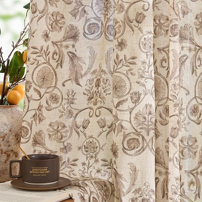 jinchan Linen Floral Curtains for Living Room with Printed Flower 63 Inches Long Light Filtering Farmhouse Window Treatment Vintage Short Drapes Back Tab Rod Pocket 2 Panels Taupe on Beige