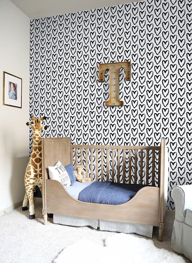 Timeet Modern Black White Wallpaper Peel and Stick Wallpaper Heart Contact Paper Vinyl Self Adhesive Wall Paper for Kids Room Bedroom Laundry Decoration Vinyl Roll 17.7"x394"