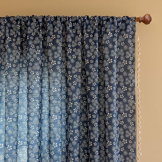 ENJOYBRIDAL White Floral Curtains 63 Inch Long Semi Sheer Navy Blue Drapes Short Decor Farmhouse Bedroom Window Curtains 2 Panel Sets Boho Tassel Rod Pocket Living Room Aesthetic Window Treatments