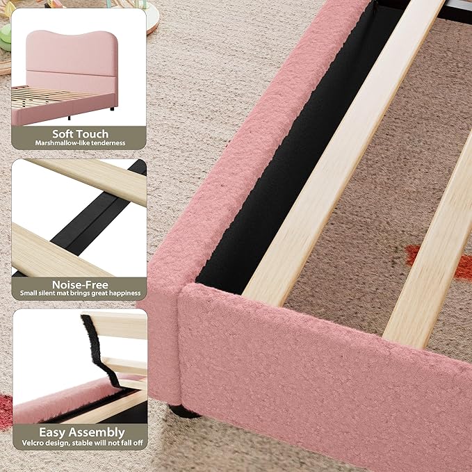 Senfot Pink Boucle Bed Frame with Upholstered Headboard, Soft Low Profile Sturdy Platform Bed with Rounded Corners Design, Heavy Duty, Wooden Slats, Noise Free, No Box Spring Needed, Full Size