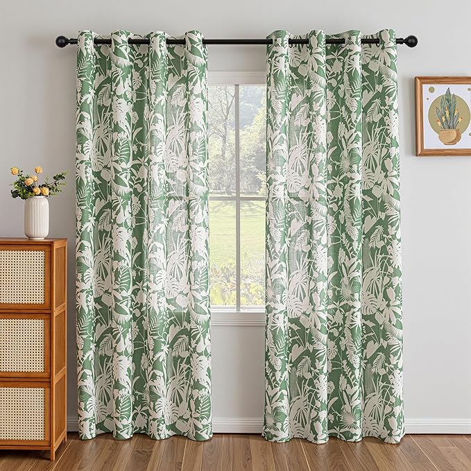 MYSKY HOME Tropical Linen Curtains for Living Room 84 inch Length 2 Panels Set Decor Semi Sheer Curtains Green Palm Leaves Plant Pattern Window Drapes for Bedroom Dining Room Patio, Green, 2 Pcs
