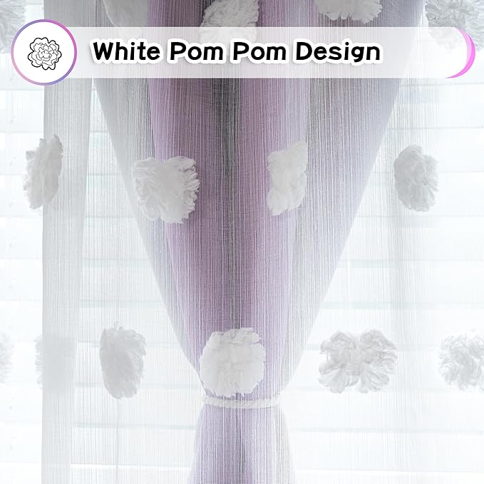 MYSKY HOME Nursery Curtains for Girls Room - Pink & Purple, 90 Inch Long, White Pom Pom, Sheer, Double Layer, Room Darkening, 52 x 90 in