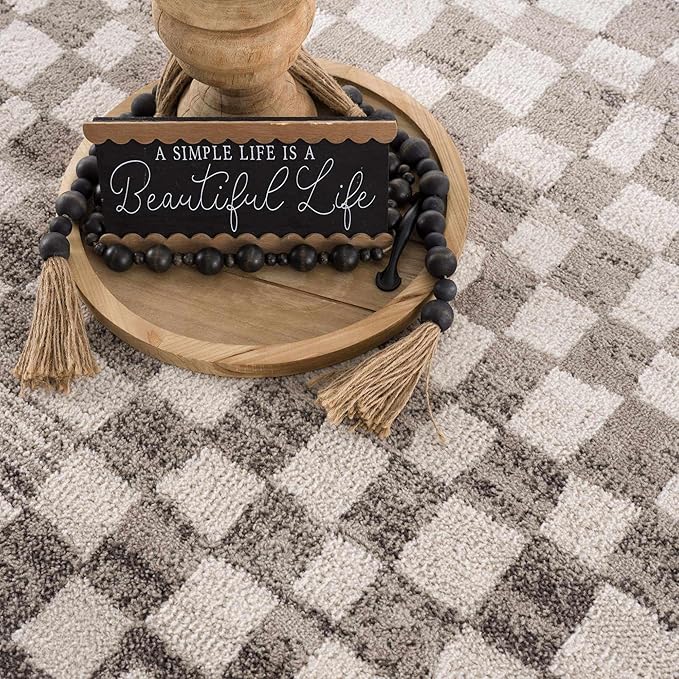 Hauteloom Pertek Modern Checkered Area Rug - Modern Geometric Carpet for Living Room, Kids Room, Nursery - Bohemian Boho Carpet - Cream, Beige, Tan - 2'7" x 4'