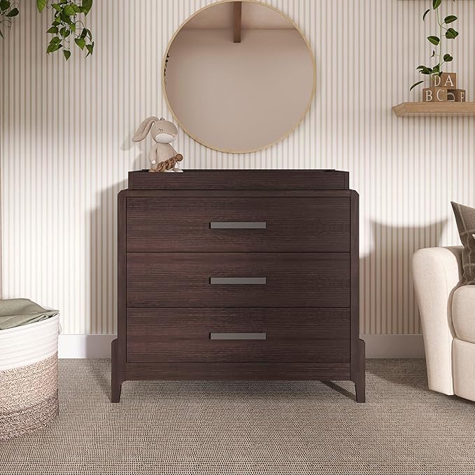 Evolur Atlas Nursery Dresser with Changing Tray | 3-Drawer Hardwood Chest for Baby Room | Roasted Chestnut