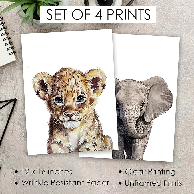 XZMBQ Safari Nursery Wall Decor Set of 4 - Baby Animal Wall Art Prints - Nursery Decorations - Cute Decor for Baby Room - Decor Gifts for Newborn, Housewarming, etc. (12”x16”, Unframed)(026)