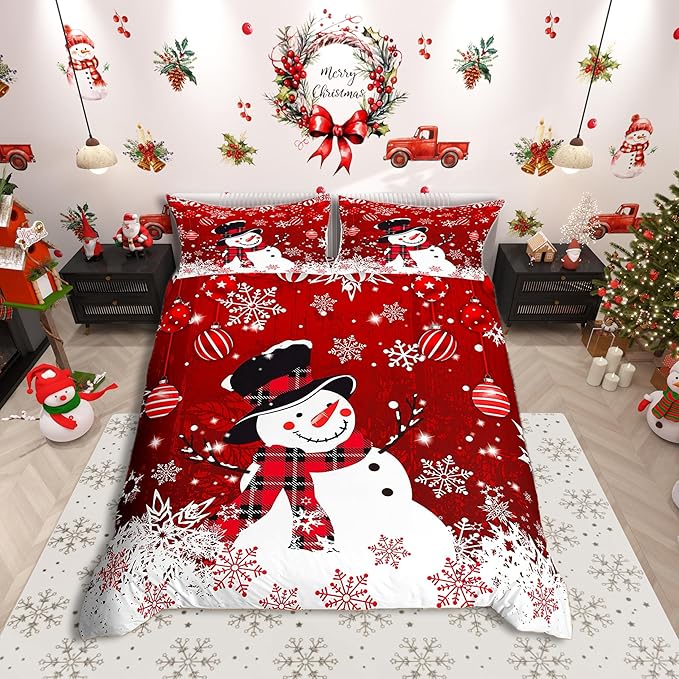 Manfei Snowman Duvet Cover Set King Size, Snowflake Balloon Xmas Decor Comforter Cover with 2 Pillowcases, Christmas Red Bedding Set 3pcs for Kids Boy Girls Lightweight Bedspread Cover,No Comforter