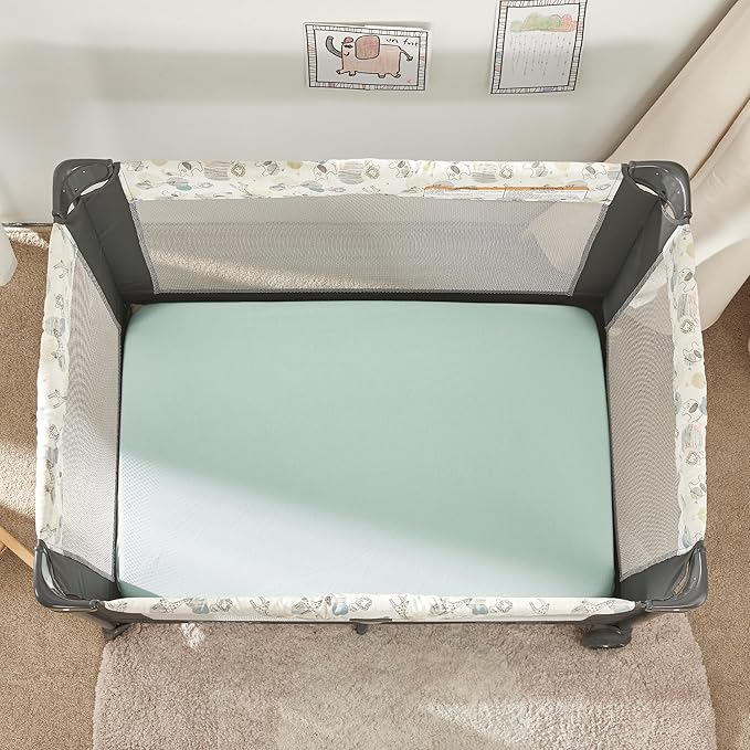 TILLYOU Mini Crib Fitted Sheets - Soft Knit Sheet for Pack N Play, Microfiber Mini Crib Sheets, Playpen Bedding Sheet for Baby 2 Pack, Machine Washable, 38'' x 24'', Light Green & Light Gray