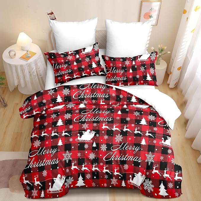 Christmas Duvet Cover Twin Size Red Black Gingham Bedding Set 2 Pieces Kids Boys Girls Christmas Deer Pattern Soft Warm Comforter Cover with Zipper Closure and 1 Pillowcase (No Comforter)