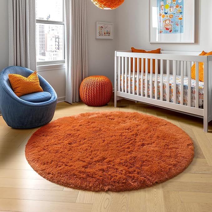 Amdrebio Burnt Orange Round Circle Rug 6Ft for Bedroom Living Room, Fluffy Shaggy Furry Fuzzy Area Rugs for Kids Room Decor Aesthetic, Large Plush Shag Dark Orange Carpet for Nursery Dorm Classroom