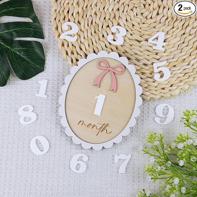 Baby Monthly Milestone Wooden Sign with Numbers and Stand – Natural Wood Milestone Board for Newborn Monthly Growth Photos – Cute 3D Flowers Photo Prop for Baby Milestone Memories (Light Pink Wooden)