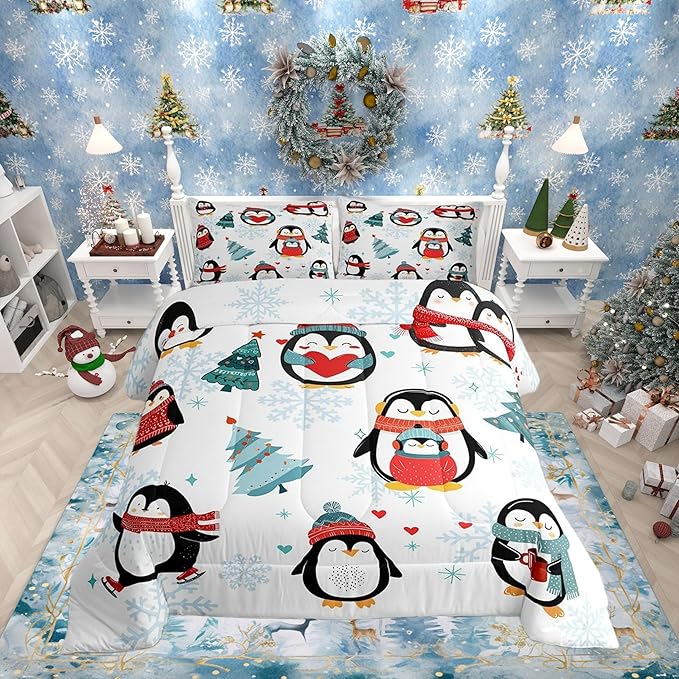 Castle Fairy Winter Snowflake Happy Xmas Theme Comforter Set with 2 Pillowcases,Christmas Tree Super Soft Microfiber Bedding Set for Adults Teens,Cartoon Penguin Duvet Set for Room Decor,King
