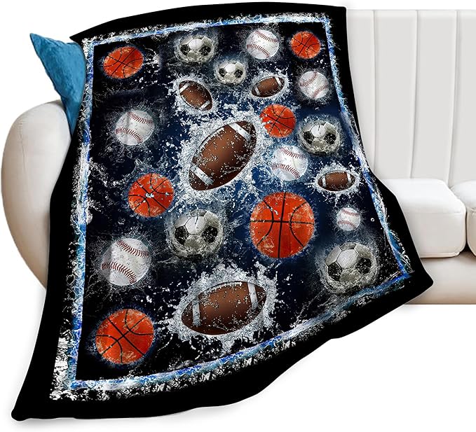 Sports Balls Blanket for Girls Boys Fans Basketball Baseball Football Soccer Throw Blankets Soft Cozy Warm Fuzzy Fleece Bedding Flannel Throws Stuff Gifts Kids Men Women Bedroom Decor 60"x50"