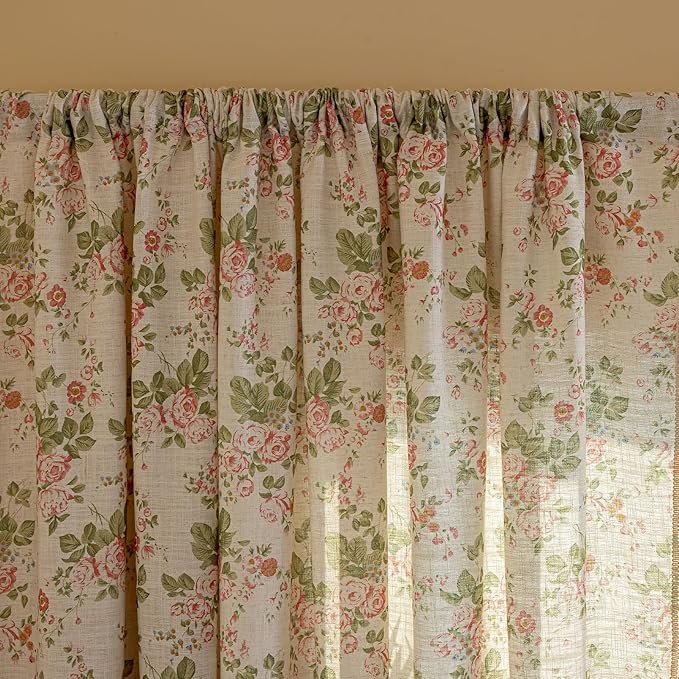 ENJOYBRIDAL Pink Floral Curtains 96 Inch Long Bedroom Semi Sheer Drapes Living Room Farmhouse Boho 2 Panel Sets Window Curtain Panels Dining Room Decor Rod Pocket Tassel Window Treatments