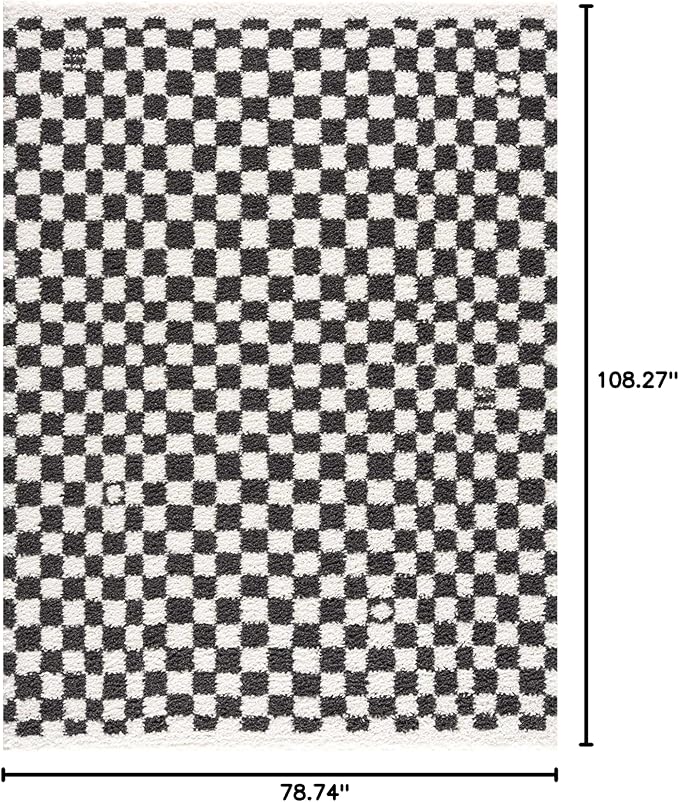 Hauteloom Kieu Contemporary Checkered Fluffy Shag Area Rug - Modern Geometric Soft Carpet Tiles for Living Room, Kids Room, Nursery - Black, White - 6'7" x 9'