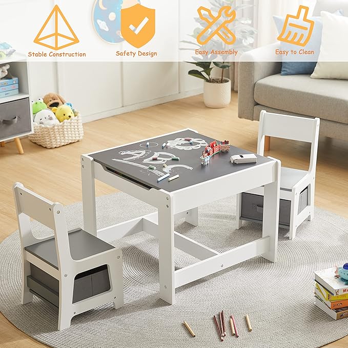 Kids Table and Chair Set, 3 in 1 Wooden Activity Table with Storage Drawer for Toddlers Drawing, Reading, Crafts, 2 in 1 Detachable Tabletop Table Set for Nursery, Playroom (Gray)