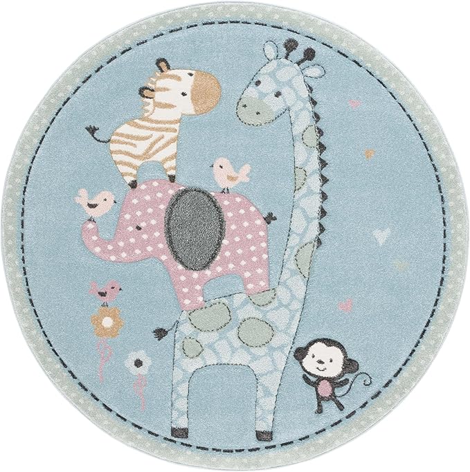 SAFAVIEH Carousel Kids Collection Area Rug - 6'7" Round, Blue, Animal Design, Easy Care & Non-Shedding, Ideal for High Traffic Areas for Boys & Girls in Playroom, Nursery (CRK120K-7R)