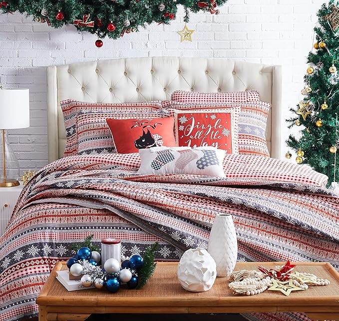 Southshore Fine Living, Inc. Christmas Comforter Set, Twin Size Holiday Bedding Set 5-Piece Cute & Cozy Comforter w/Throw Pillows & Shams, Twin/Twin XL Reversible Red Checkered Over Snowflake Print