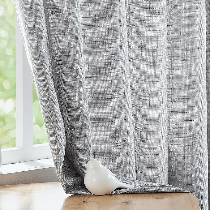FMFUNCTEX Linen Semi Sheer Grey Curtains for Bedroom Living Room, Gray Curtain Panels 72 Inches Length Sheer Linen Textured Window Drapes Farmhouse Light Filtering 2 Panels Rod Pocket