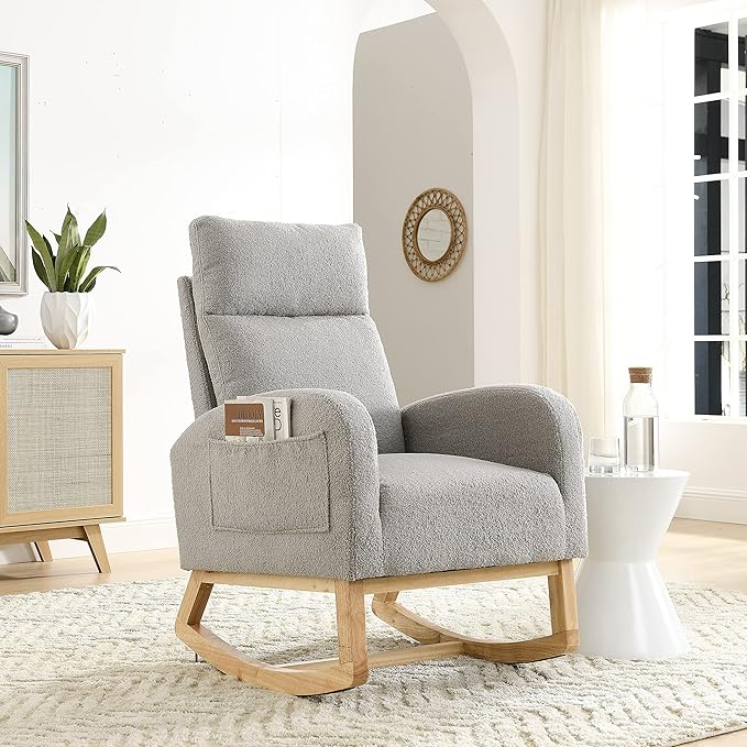 Dolonm Rocking Chair Mid-Century Modern Nursery Rocking Armchair Upholstered Tall Back Accent Glider Rocker for Living Room (Gray)