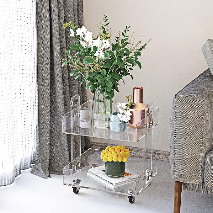 ONELUX (Flat Packed) Original Acrylic Side Table,Clear Table with Wheels,Acrylic Bedside Tables/Night Stand - 41×34×48H CM