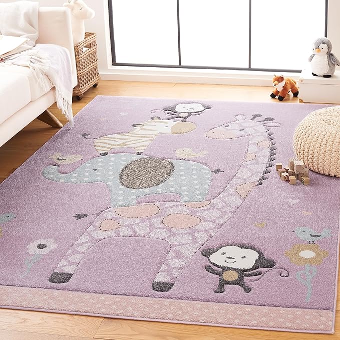 SAFAVIEH Carousel Kids Collection Area Rug - 6'7" Square, Purple, Animal Design, Ideal for High Traffic Area for Boys & Girls in Playroom, Nursery, Bedroom (CRK120V-7SQ)