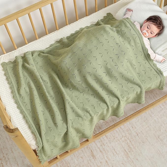 Baby Blanket 100% Cotton Knit Swaddle Soft Newborn Receiving Blanket Cozy for Boy/Girl Crib,Stroller Green 40x30in