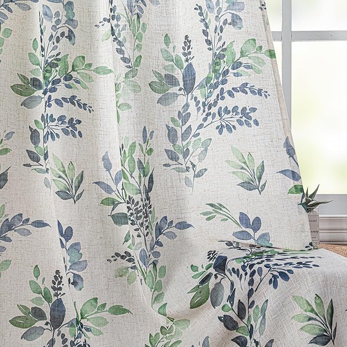 MYSKY HOME Linen Sheer Curtains for Living Room Leaf Patterned Semi Vertical Drapes Decor Farmhouse Style Texture for Dining Room Light Soften Privacy, Green, W52 x L84, Pack-2