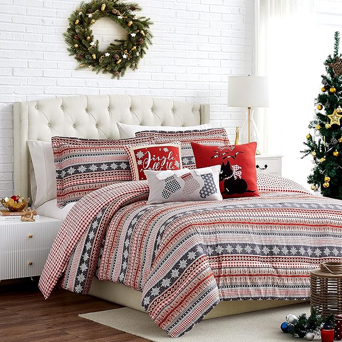 Southshore Fine Living, Inc. Christmas Comforter Set, Twin Size Holiday Bedding Set 5-Piece Cute & Cozy Comforter w/Throw Pillows & Shams, Twin/Twin XL Reversible Red Checkered Over Snowflake Print