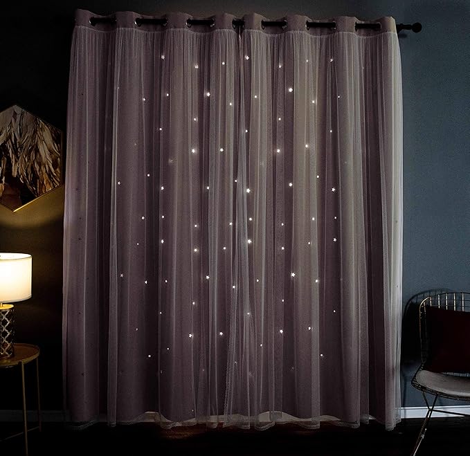 Kinryb Princess Curtains for Girls Bedroom with Sheer Overlay,Double Layer Curtain for Living Room with Star Cutout, Curtains for Kids Room (52 W*84 L Inches,2 Pcs Pink)