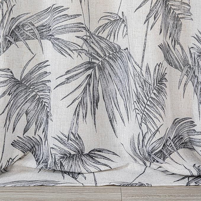 MYSKY HOME Linen Curtains for Living Room Plant Leaf Patterned Semi Sheer Vertical Drapes Decor Hawaiian Style Texture for Dining Room Light Soften Privacy, Grey, W52 x L84, Pack-2