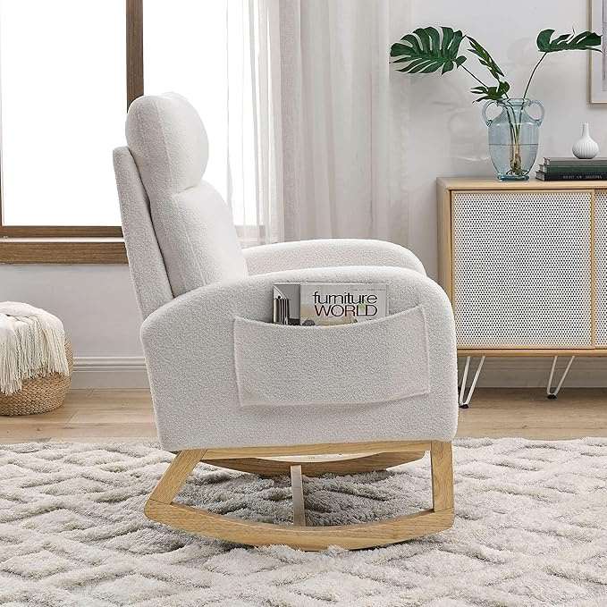 Dolonm Rocking Chair Mid-Century Modern Nursery Rocking Armchair Upholstered Tall Back Accent Glider Rocker for Living Room (White,Teddy)