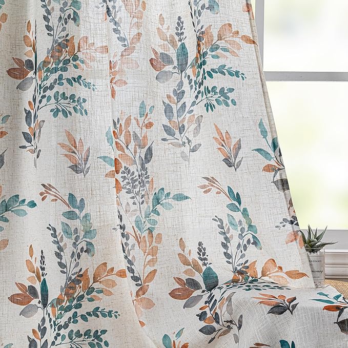 MYSKY HOME Curtains for Living Room Semi Sheer 84 inch Length Light Filtering Privacy Protect Drapes Set Linen Blended Texture Soft Touch Leaves Pattern Treatment, 52" Wide, Burnt Orange, 2 Panels