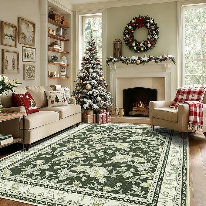 Olive Green Floral Print Area Rugs for Bedroom Living Room Boho Farmhouse Country Rustic Dining Room Carpet Soft Washable Rugs Non Slip Floor Covering for Nursery Playroom 9x12