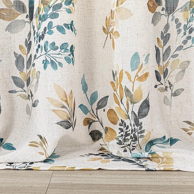 MYSKY HOME 95 Inch Curtains Semi Sheer Linen Blended Window Curtain Panels for Living Room Light Filtering Privacy Protect Drapes Set Leaf Style Texture Soft Touch, 52" x 95", Yellow and Blue, 2 Pcs