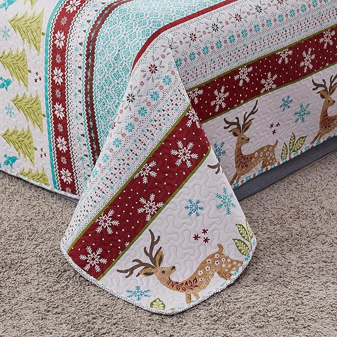 Jessy Home King Size Christmas Quilt Bedding Set: Rustic Lodge Deer Snowflake Cabin Home Holiday Decor Christmas Quilt Bedspread Coverlet