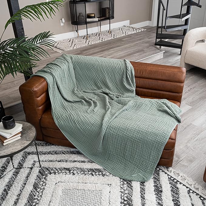 Comfy Cubs Muslin Throw Blanket - 50” x 60” Quilted Design - Lightweight, Breathable 6-Layer Gauze Fabric - Soft Cotton Blanket for Home or Travel - Packaged in Elegant Gift Box - Fern
