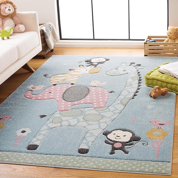 SAFAVIEH Carousel Kids Collection Area Rug - 9' x 12', Blue, Animal Design, Non-Shedding & Easy Care, Ideal for High Traffic Areas for Boys & Girls in Playroom, Nursery, Bedroom (CRK120K)